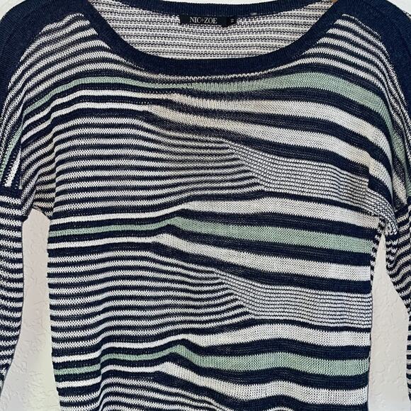 NIC+ZOE Blue White Stripe Linen Sweater Top Artsy Sheer Coastal Nautical Preppy - Picture 2 of 5